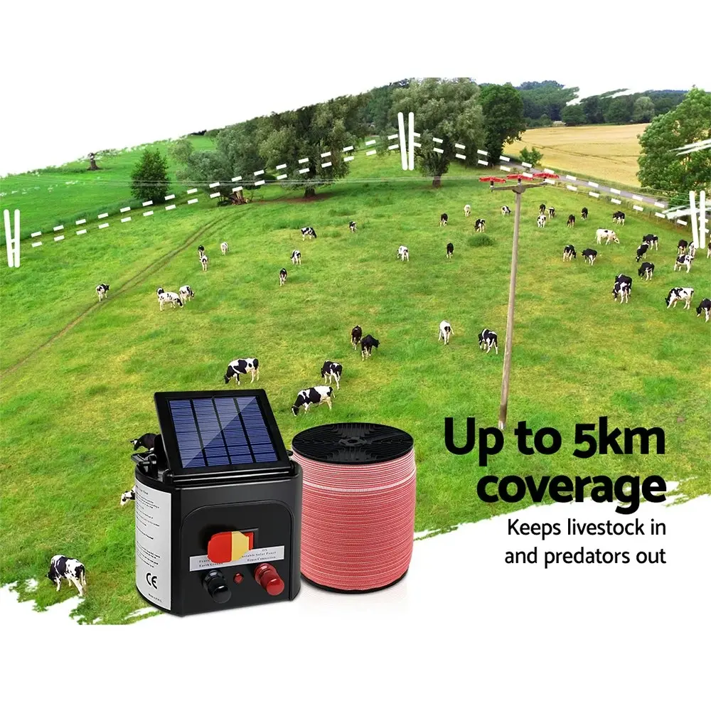 Giantz Fence Energiser 5KM Solar Powered Electric 1200M Poly Tape