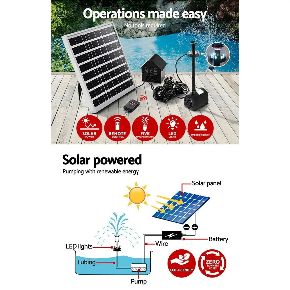 Gardeon Solar Pond Pump with Battery Kit LED Lights 5 FT