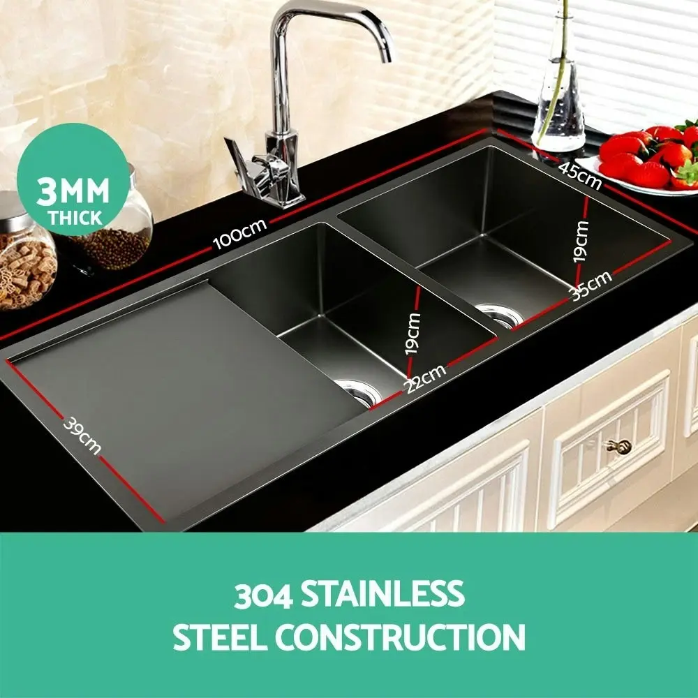 Cefito Kitchen Sink 100X45CM Stainless Steel Basin Double Bowl Laundry Black