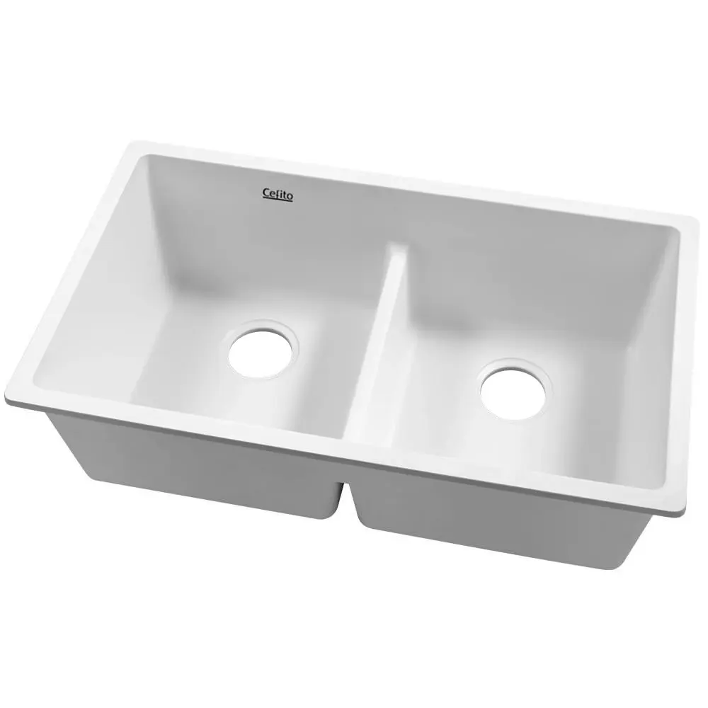 Cefito Kitchen Sink Stone Granite Laundry Basin Double Bowl 79cmx46cm White