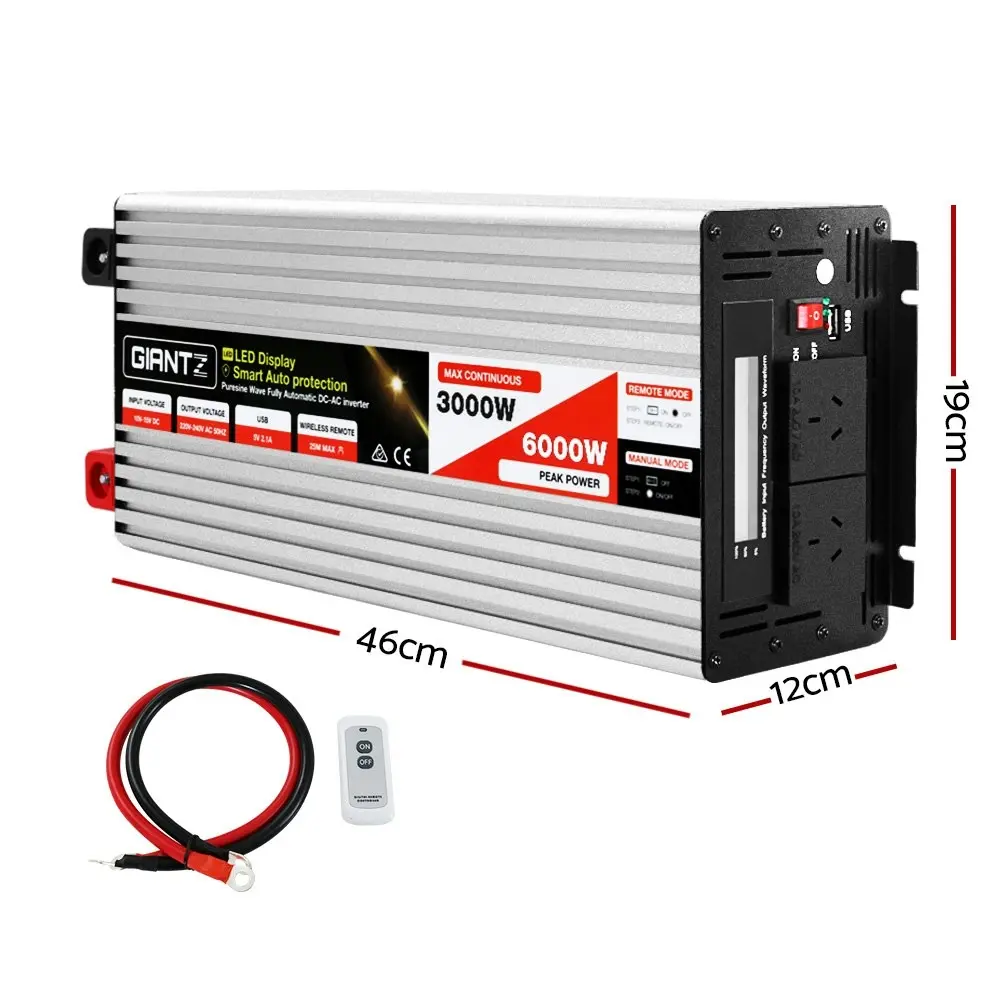 Giantz Power Inverter 3000W/6000W 12V to 240V Pure Sine Wave Camping Car Boat