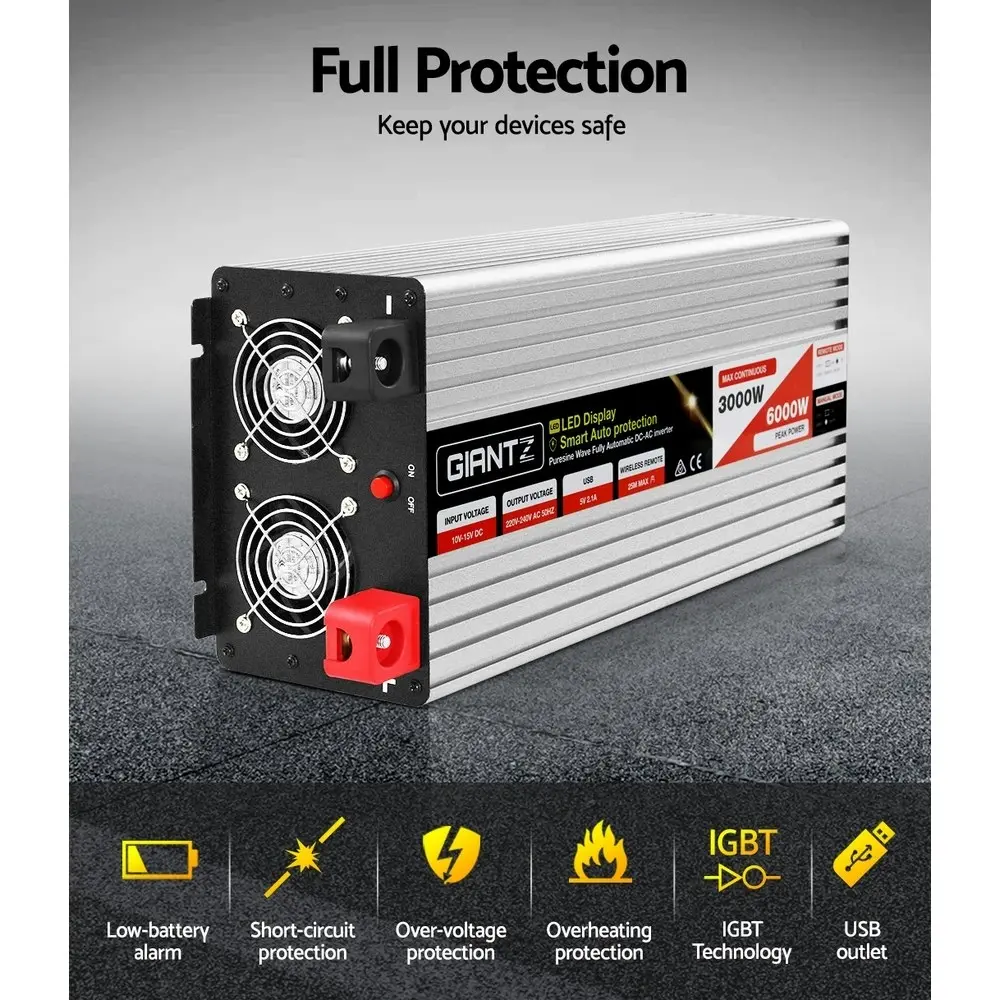 Giantz Power Inverter 3000W/6000W 12V to 240V Pure Sine Wave Camping Car Boat