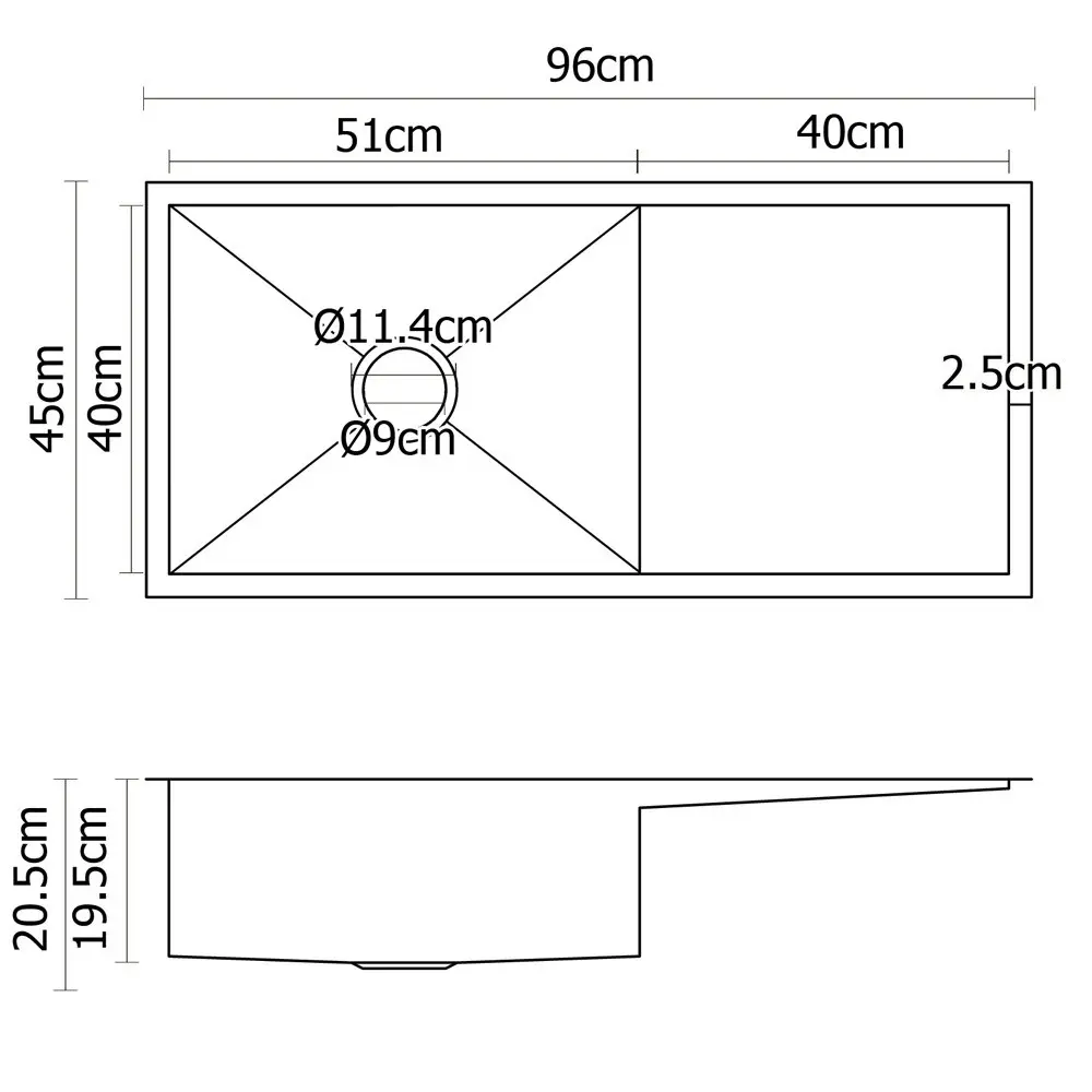 Cefito Kitchen Sink 96X45CM Stainless Steel Basin Single Bowl Laundry Silver