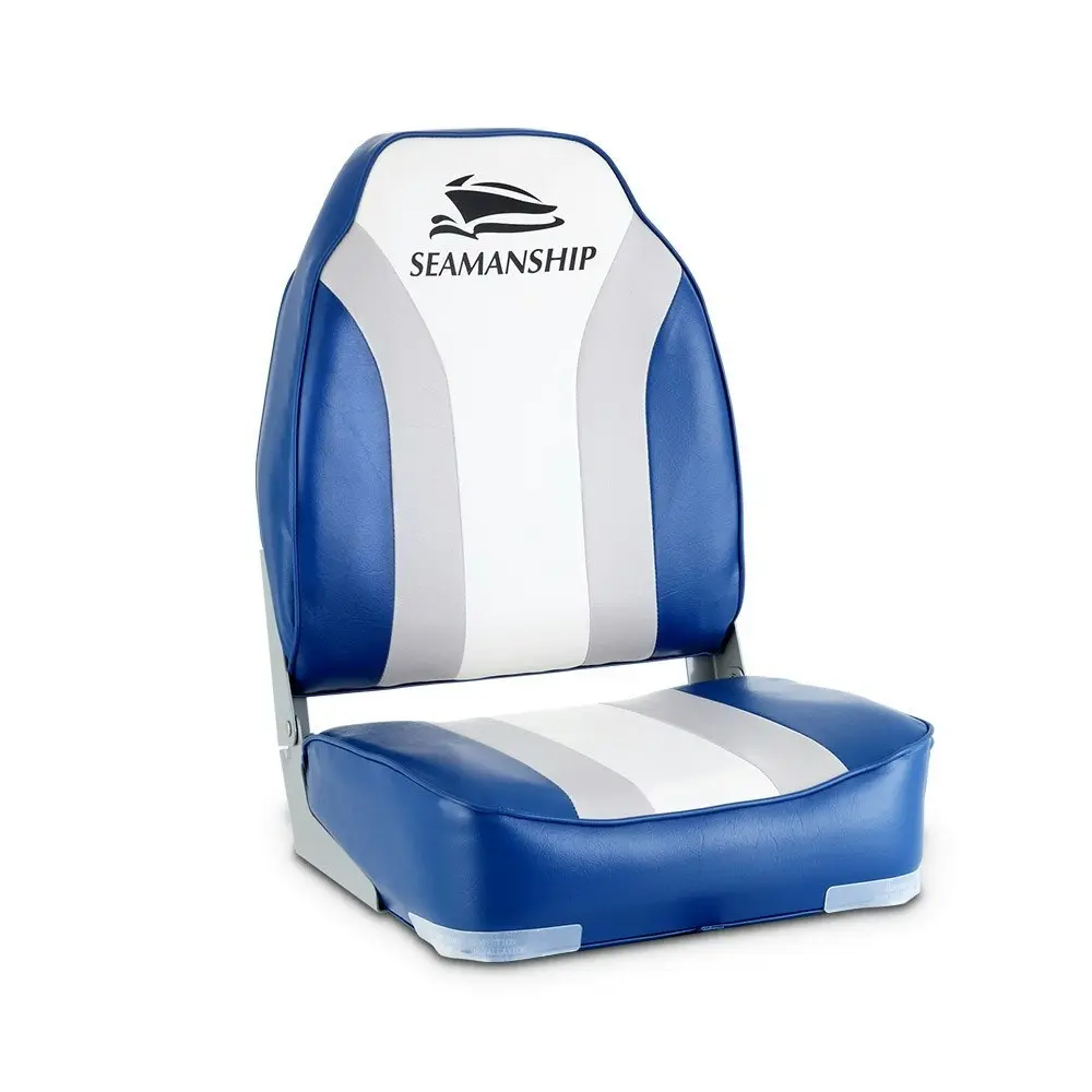 Seamanship 2X Folding Boat Seats Marine Seat Swivel High Back 12cm Padding Blue