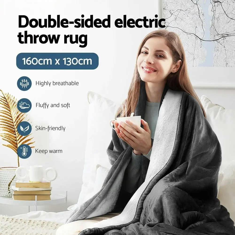 Giselle Electric Throw Rug Heated Blanket Double Sided Grey