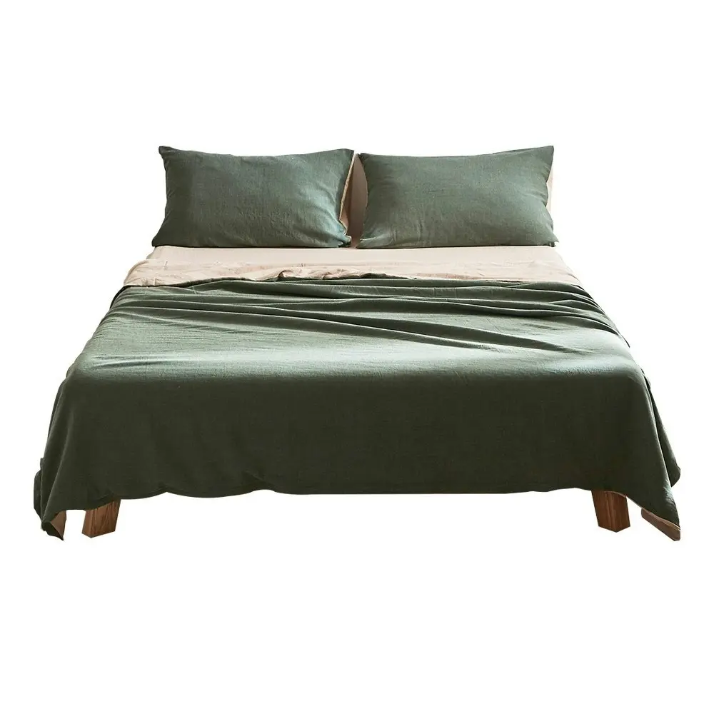 Cosy Club Cotton Bed Sheets Set Green Beige Cover Double