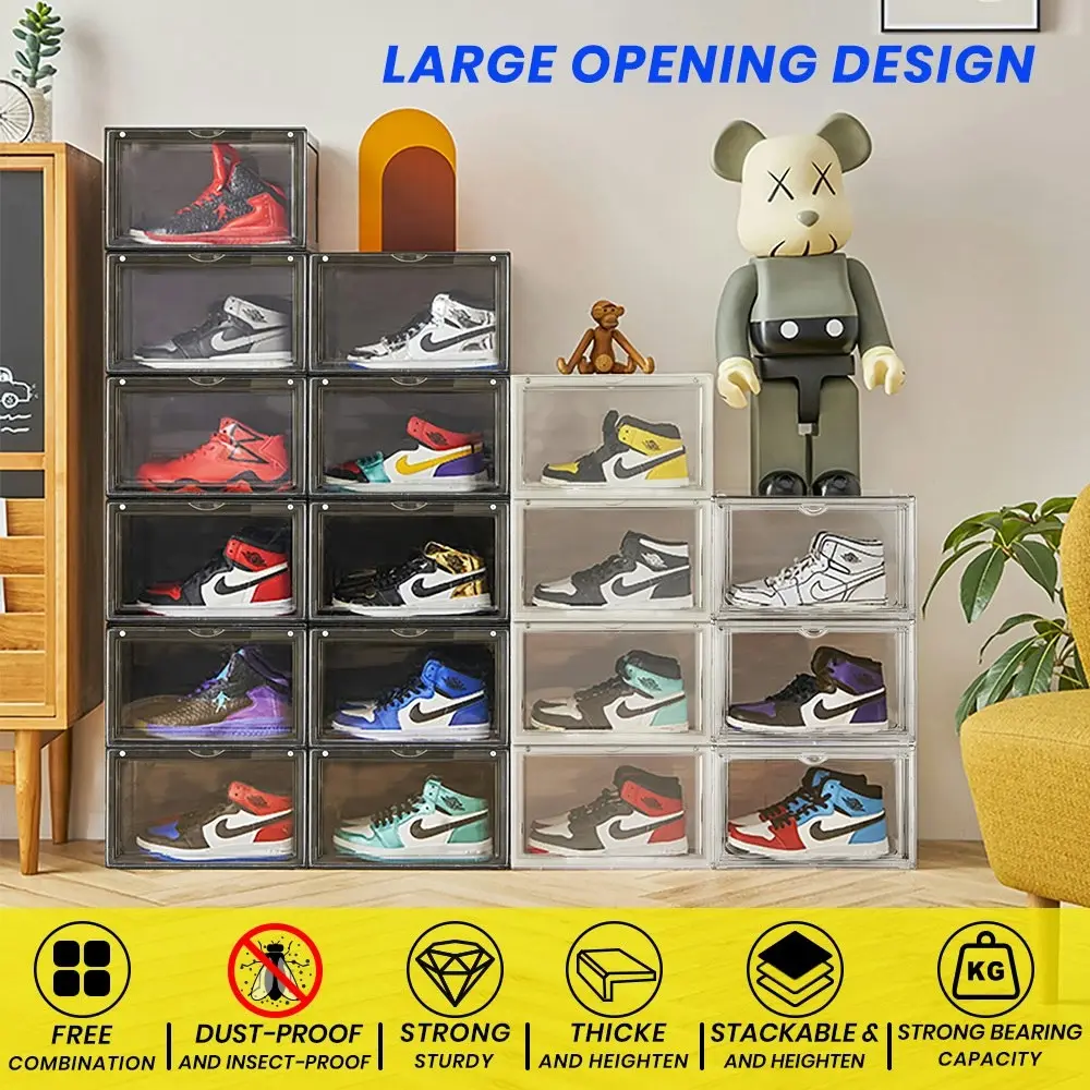 Furb 6PCS Shoe Display Box Plastic Container Stackable Boxes Storage Case Shoe Sneaker Bins Black