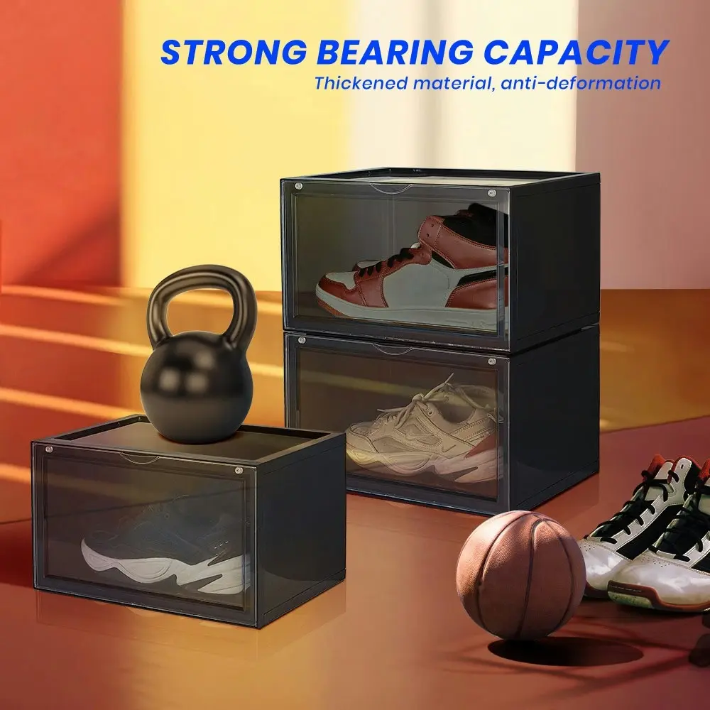 Furb 6PCS Shoe Display Box Plastic Container Stackable Boxes Storage Case Shoe Sneaker Bins Black