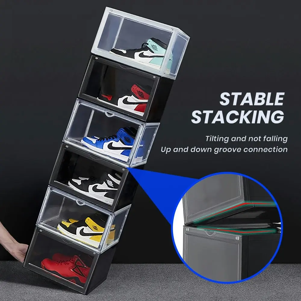 Furb 6PCS Shoe Display Box Plastic Container Stackable Boxes Storage Case Shoe Sneaker Bins Black