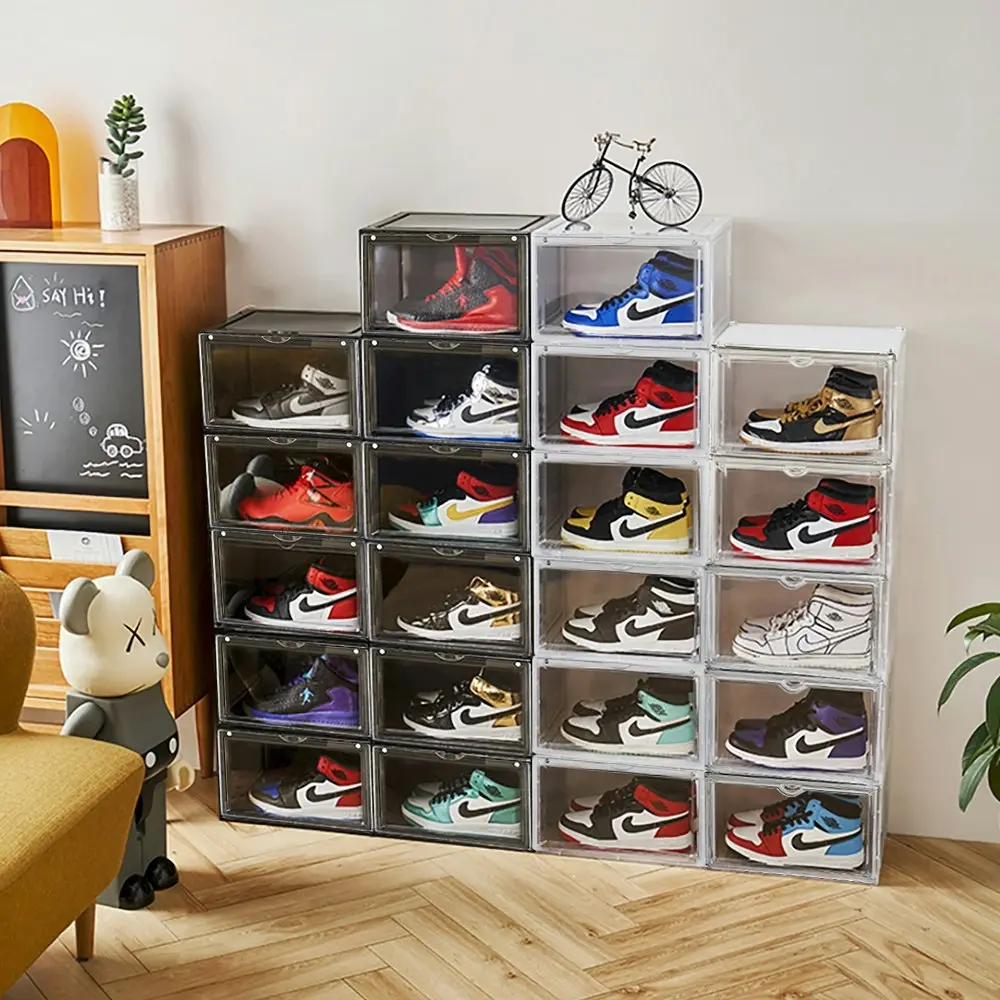 Furb 6PCS Shoe Display Box Plastic Container Stackable Boxes Storage Case Shoe Sneaker Bins Smoke