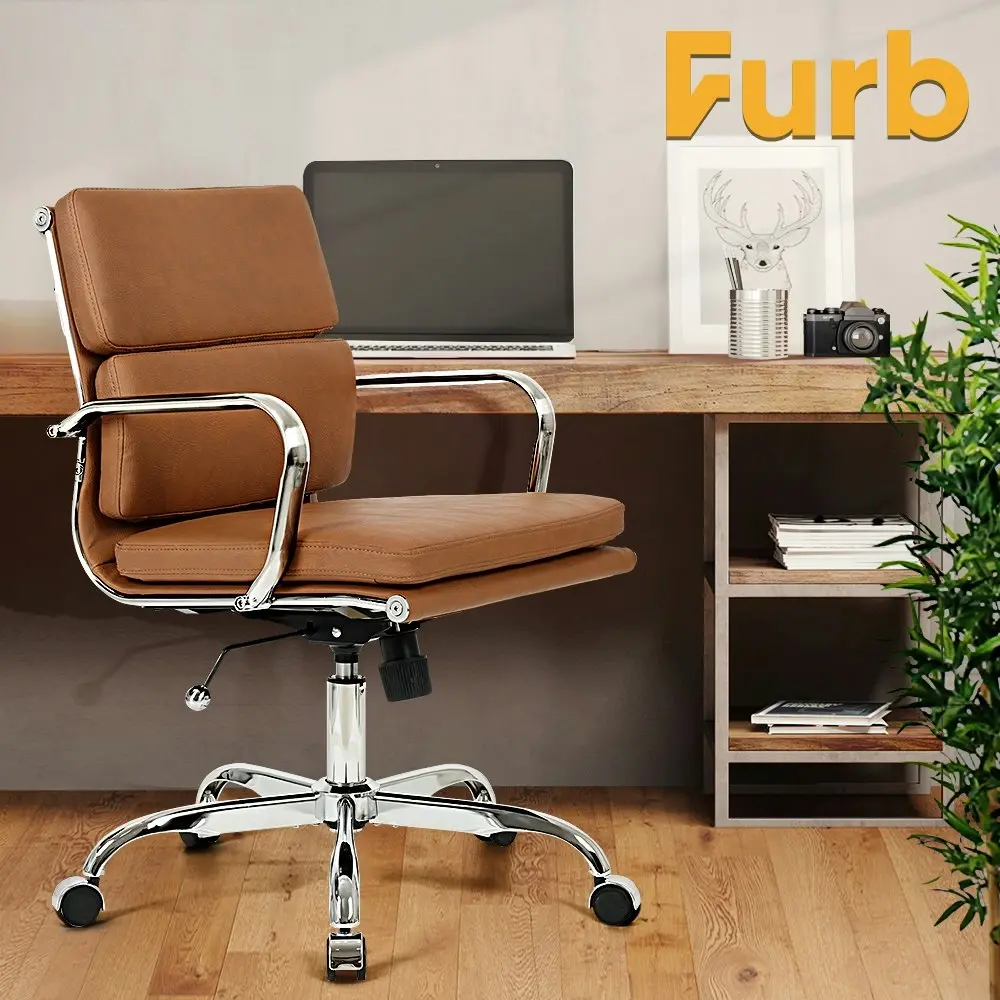 Furb Office Chair Executive Mid-Back Computer PU Leather Work Eames Replica Tan Silver