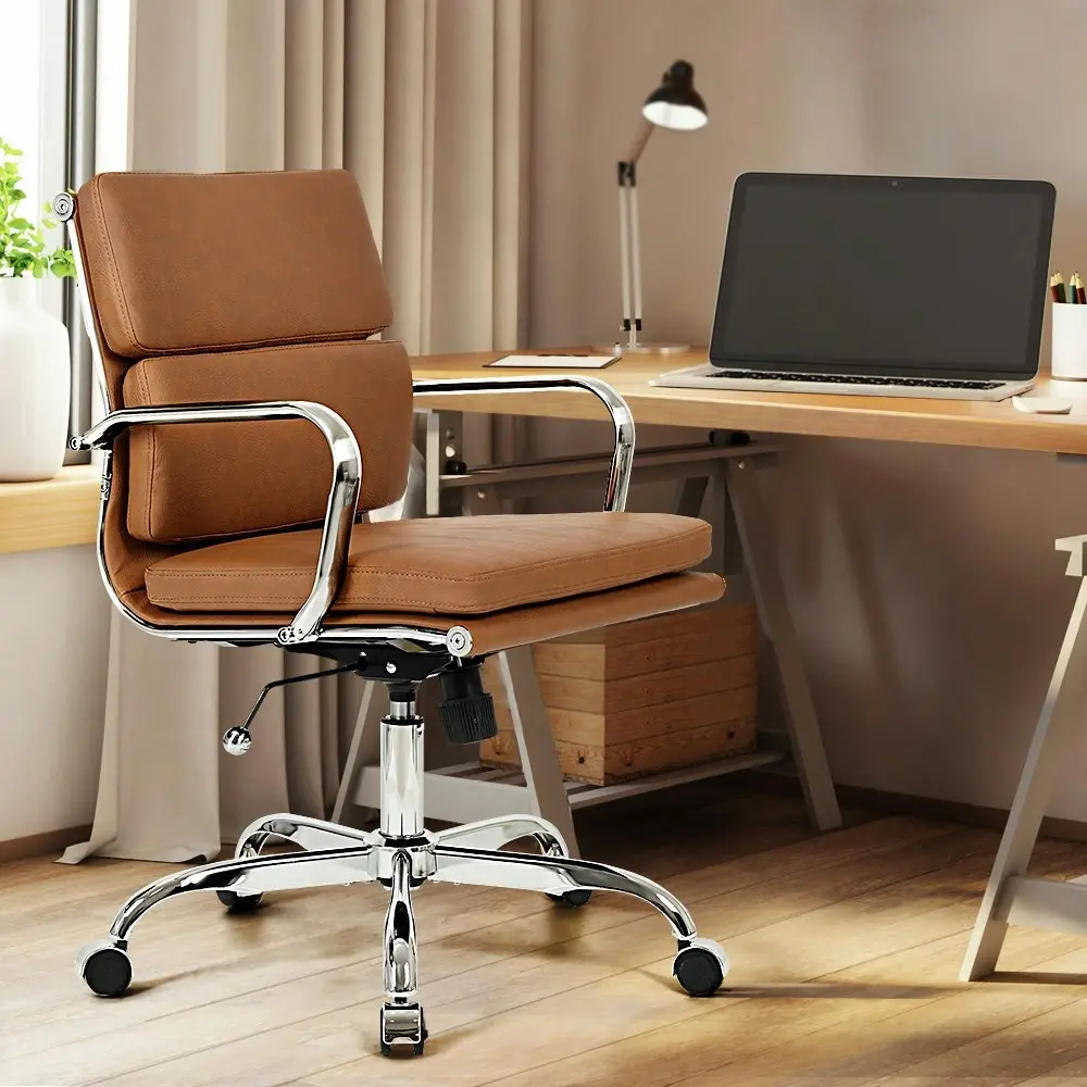 Furb Office Chair Executive Mid-Back Computer PU Leather Work Eames Replica Tan Silver