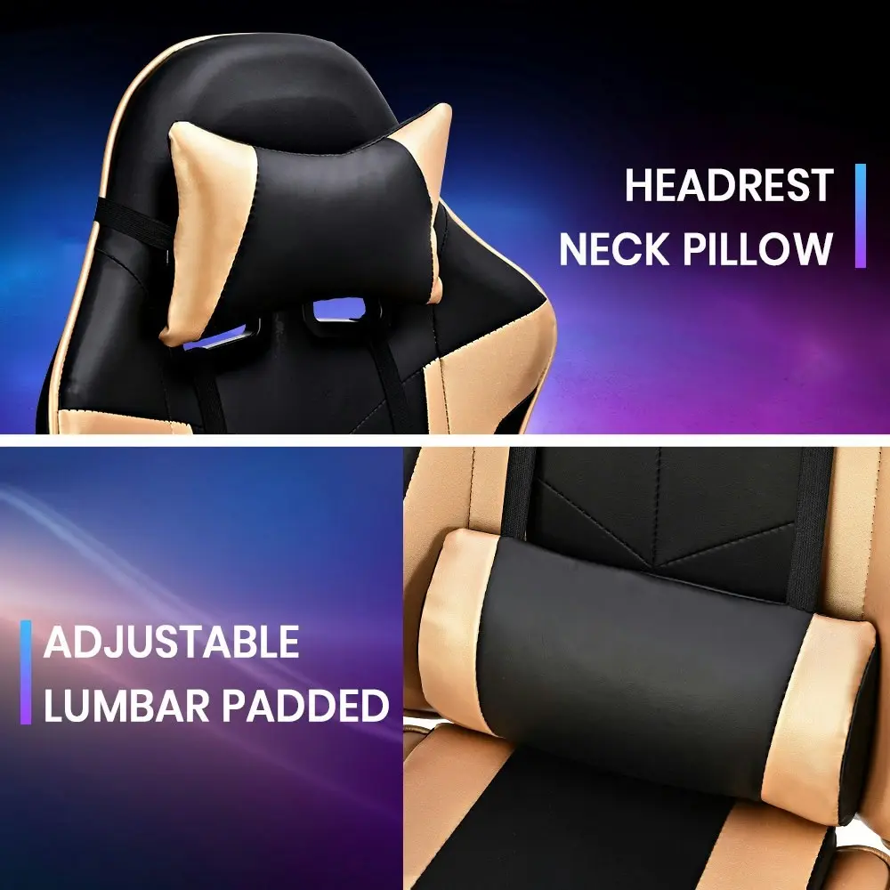 Furb Gaming Chair Racing Recliner Footrest Office Chair Lumbar Support With Headrest Gold