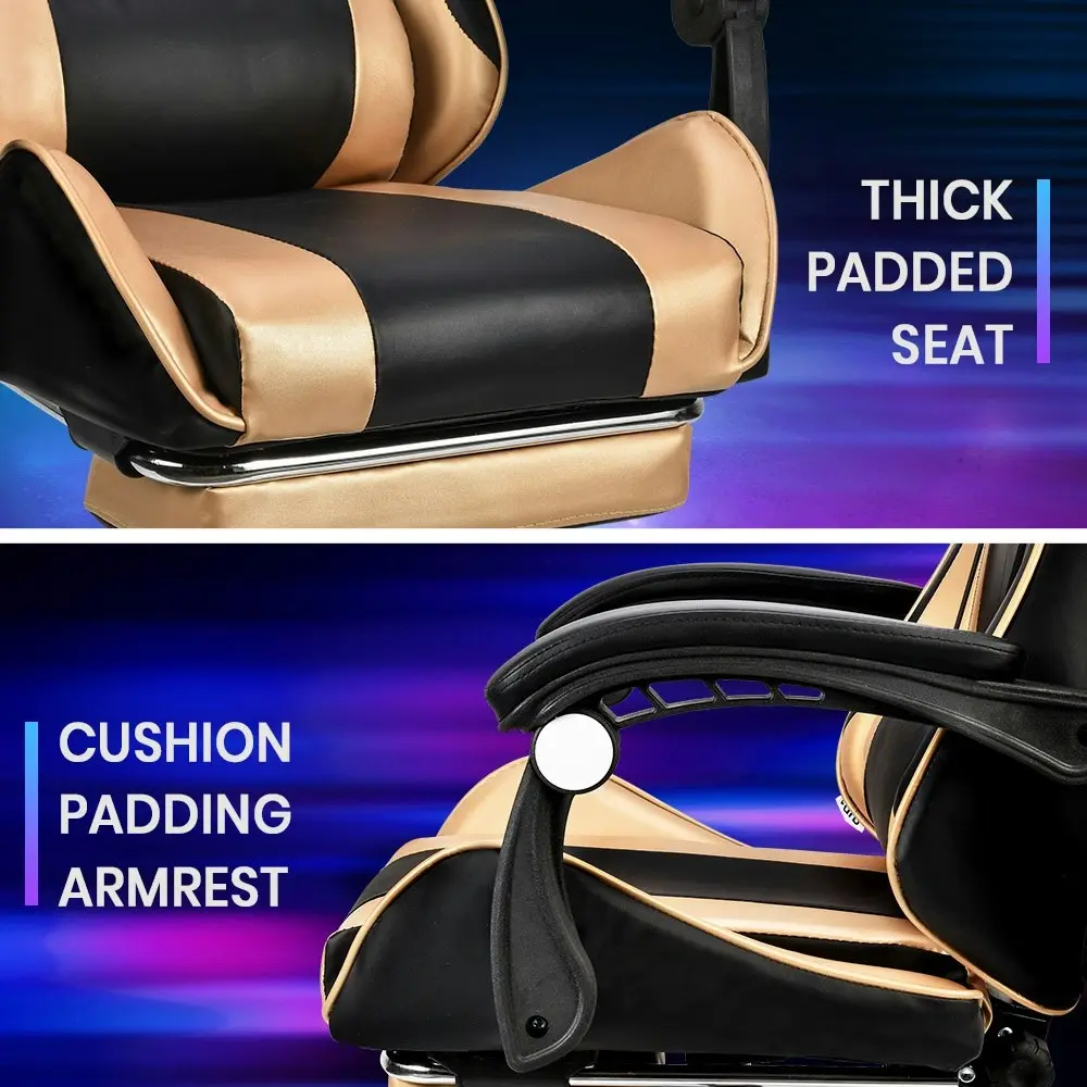 Furb Gaming Chair Racing Recliner Footrest Office Chair Lumbar Support With Headrest Gold