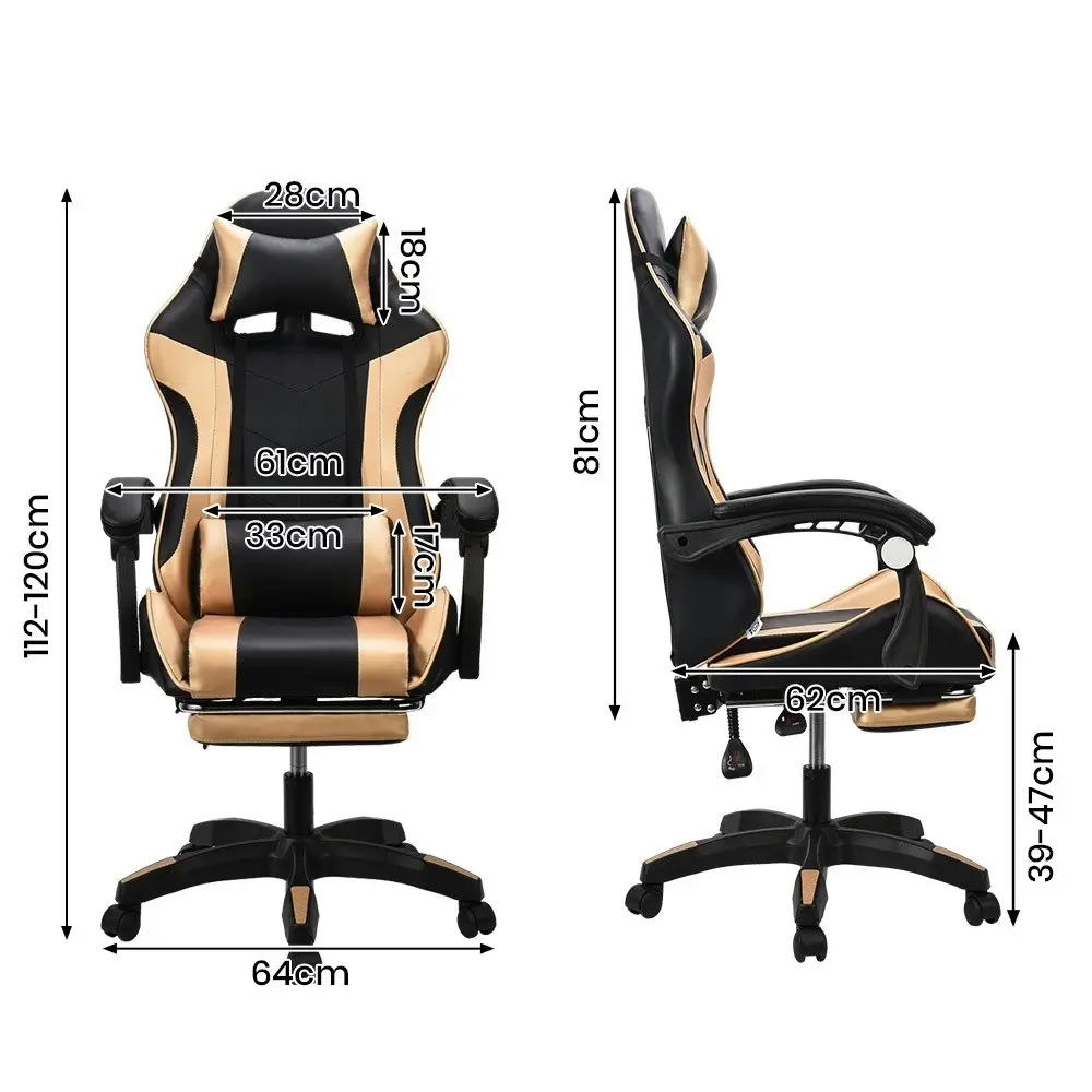 Furb Gaming Chair Racing Recliner Footrest Office Chair Lumbar Support With Headrest Gold