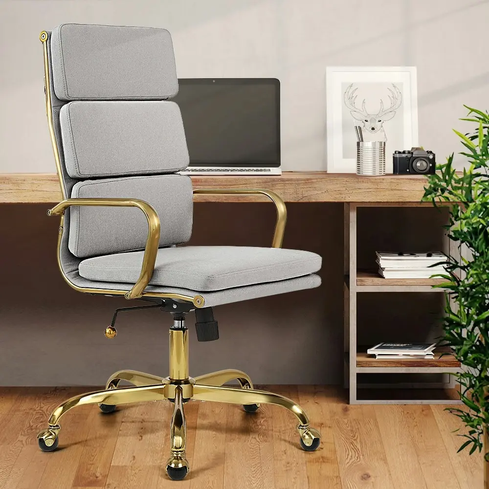 Furb Executive Office Chair Ergonomic High-Back Fabric Seat Gold Frame Light Grey