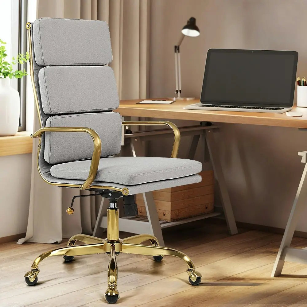 Furb Executive Office Chair Ergonomic High-Back Fabric Seat Gold Frame Light Grey