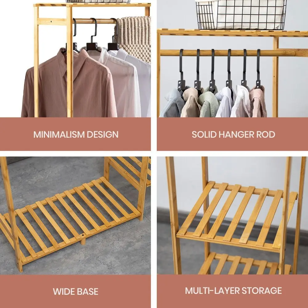 Furb Open Wardrobe Clothes Rail Rack Hanging Garment Bamboo Organizer Coat Shelf Stand Shoes Storage