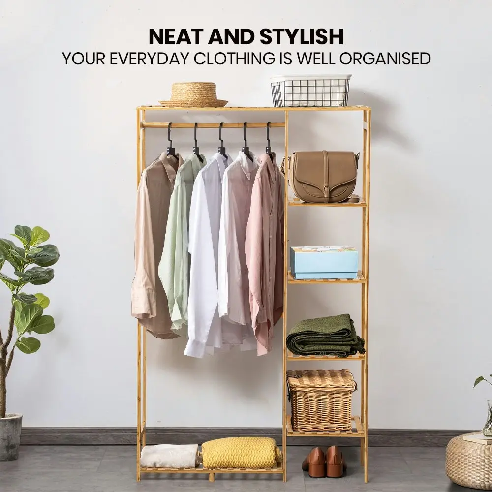 Furb Open Wardrobe Clothes Rail Rack Hanging Garment Bamboo Organizer Coat Shelf Stand Shoes Storage