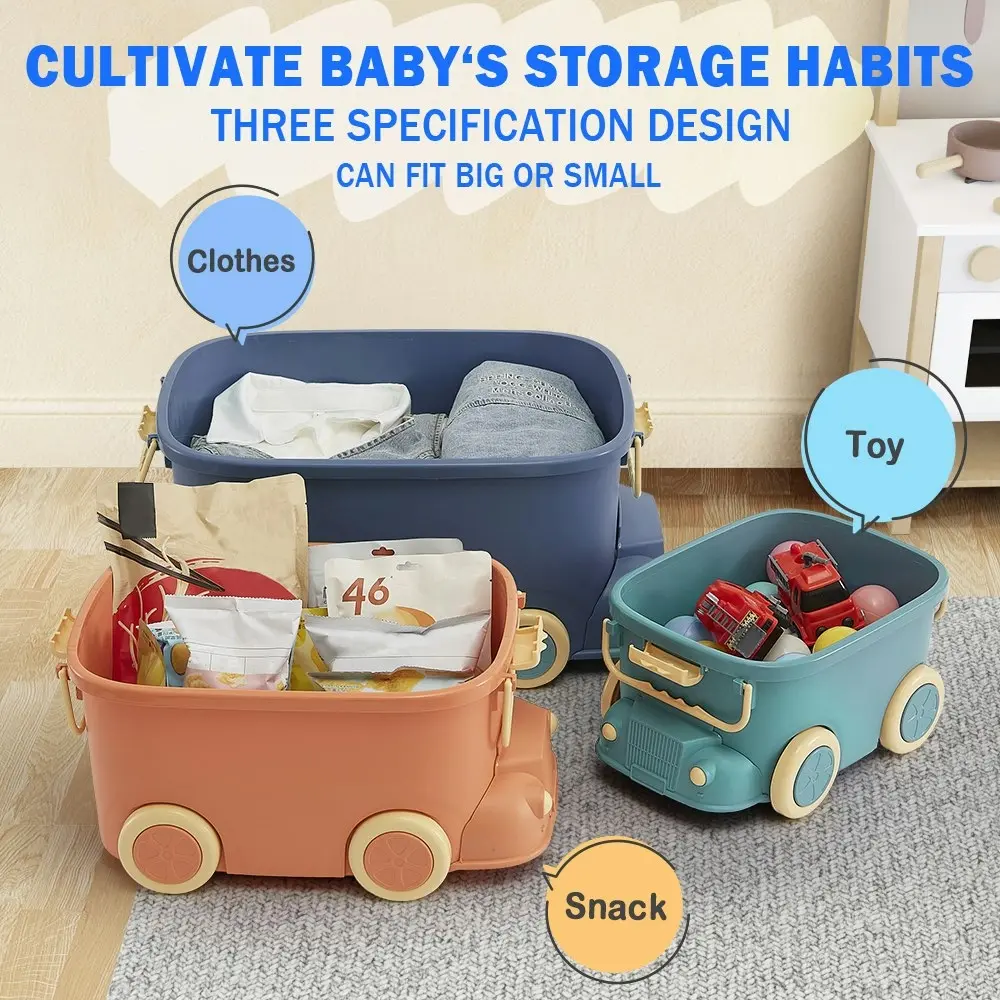 Juna 3PCS Toy Storage Box w Casters Cute Car Toy Container Kids Toys Organiser Stackable Snack Boxes