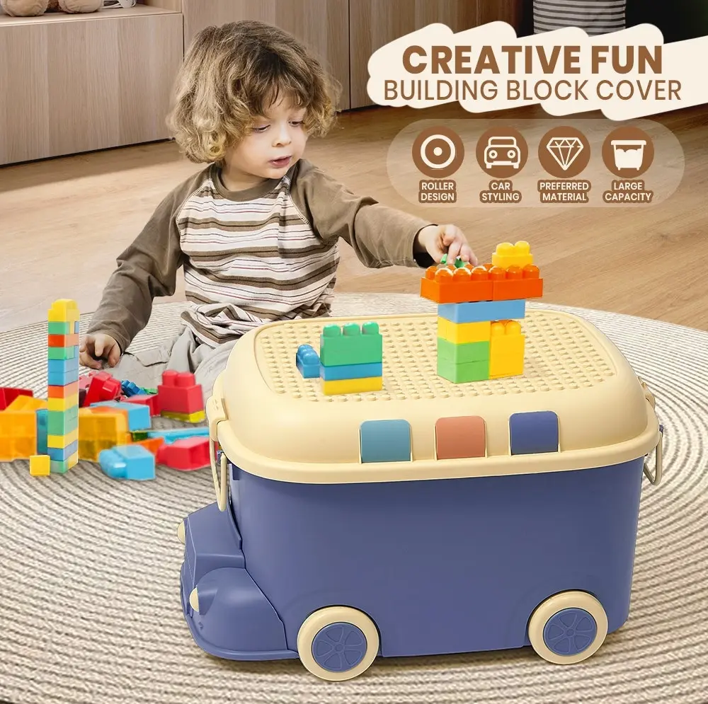 Juna 3PCS Toy Storage Box w Casters Cute Car Toy Container Kids Toys Organiser Stackable Snack Boxes