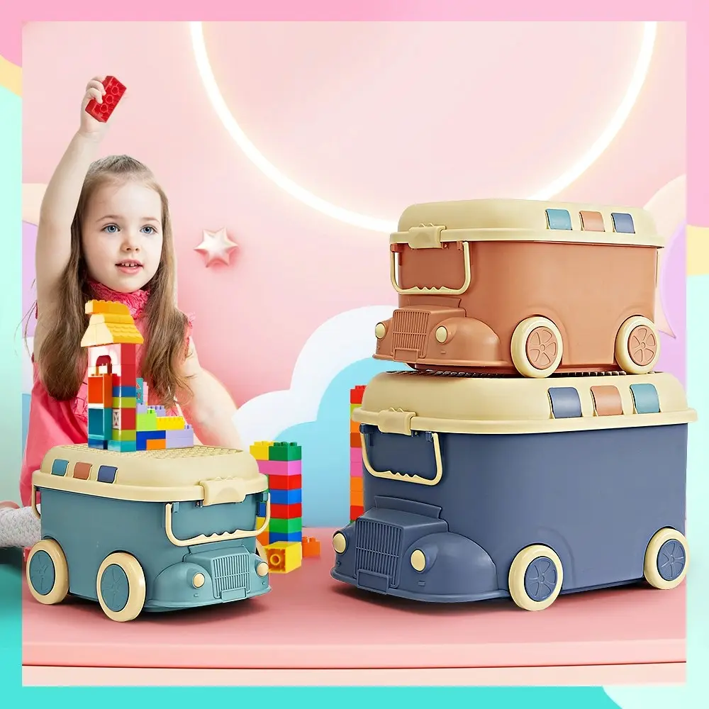 Juna 3PCS Toy Storage Box w Casters Cute Car Toy Container Kids Toys Organiser Stackable Snack Boxes