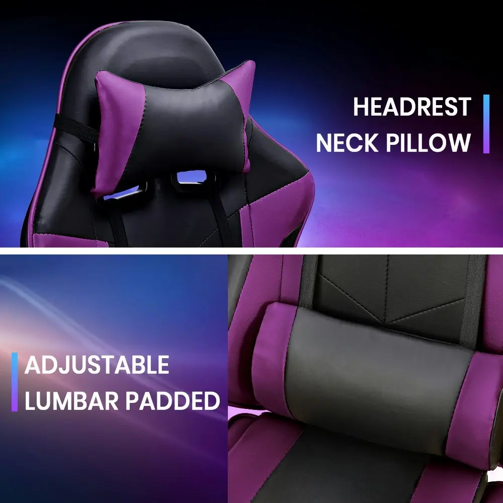 Furb Gaming Chair Racing Recliner Footrest Office Chair Lumbar Support Headrest Purple