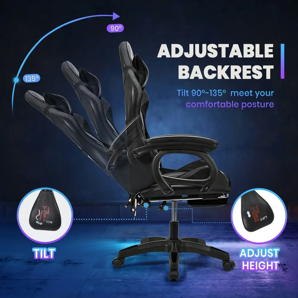 Furb Gaming Chair Computer LED Massage Seat Footrest Support Black Office Chair