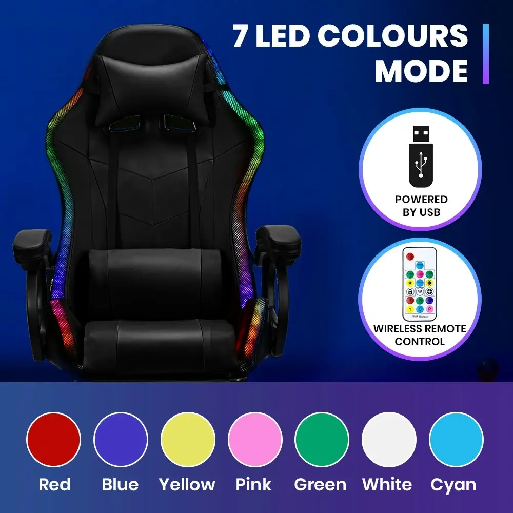 Furb Gaming Chair Computer LED Massage Seat Footrest Support Black Office Chair