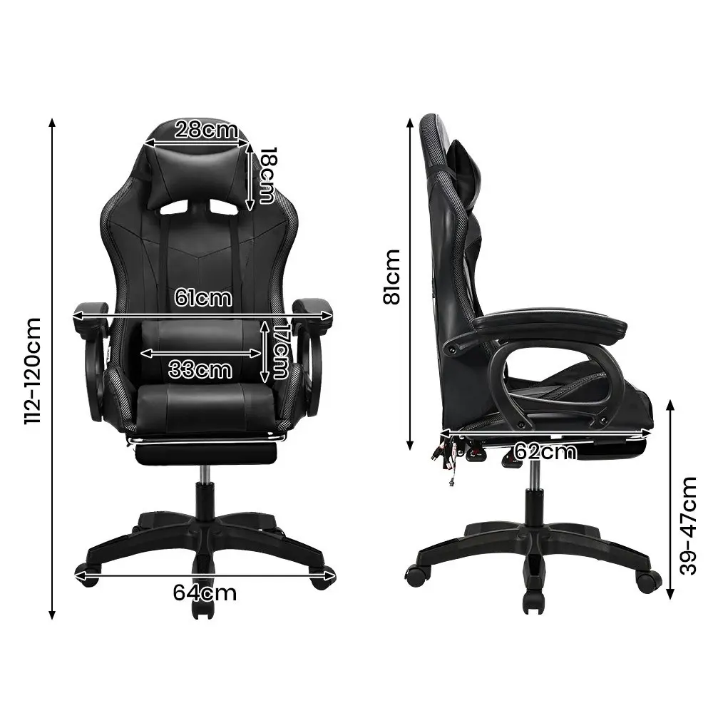 Furb Gaming Chair Computer LED Massage Seat Footrest Support Black Office Chair