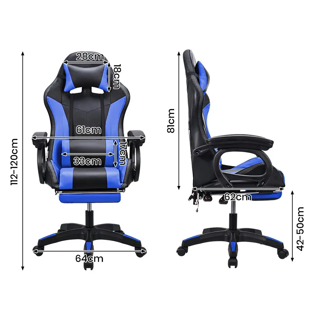 Furb Gaming Chair Computer LED Massage Seat Footrest Support Blue Office Chair