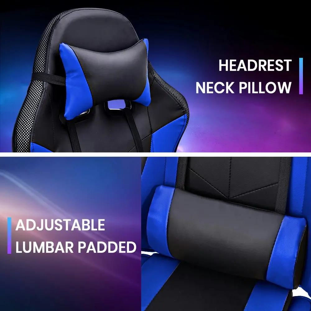 Furb Gaming Chair Computer LED Massage Seat Footrest Support Blue Office Chair