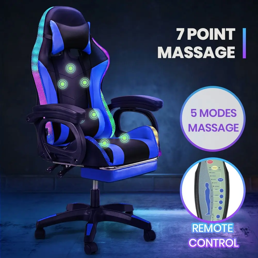 Furb Gaming Chair Computer LED Massage Seat Footrest Support Blue Office Chair