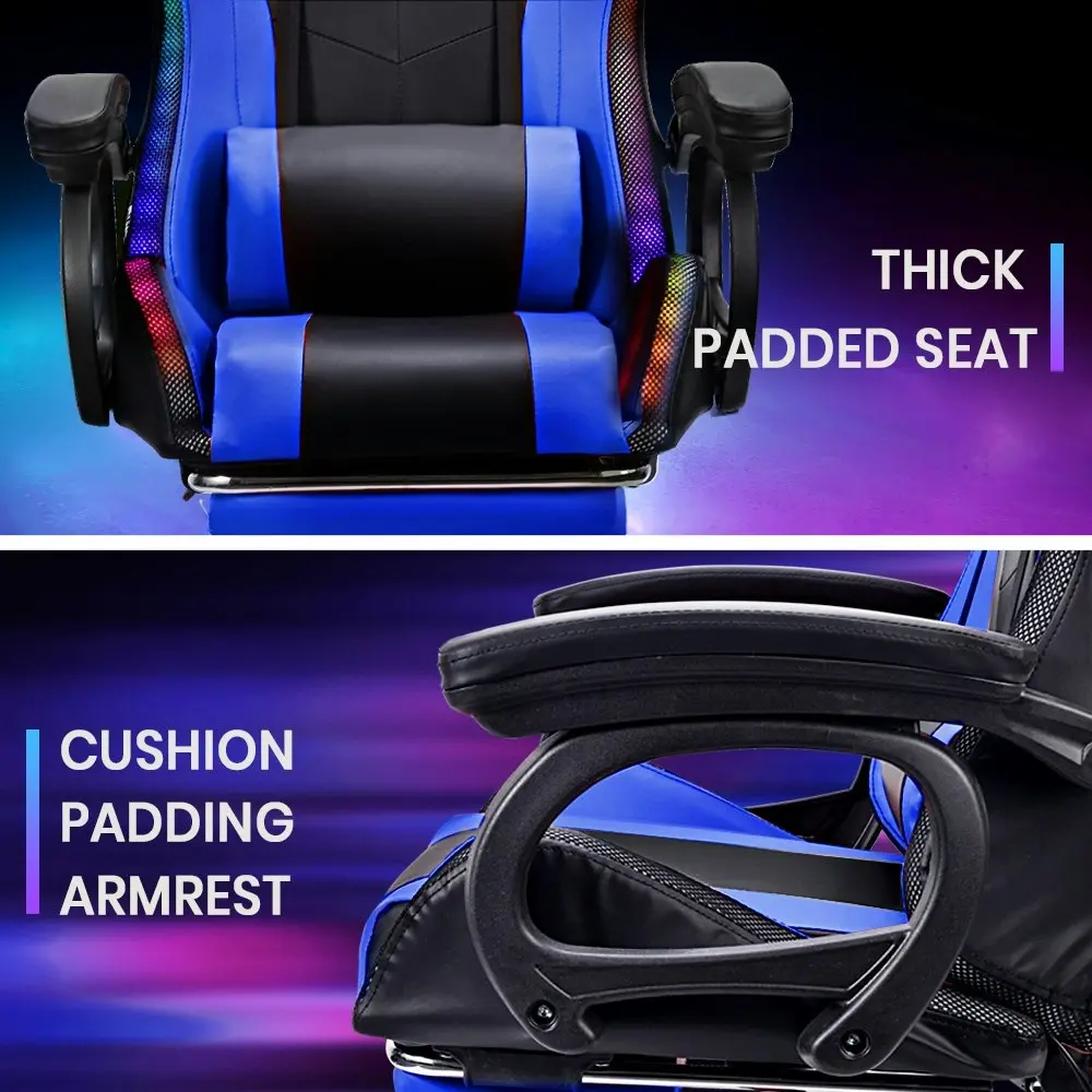 Furb Gaming Chair Computer LED Massage Seat Footrest Support Blue Office Chair