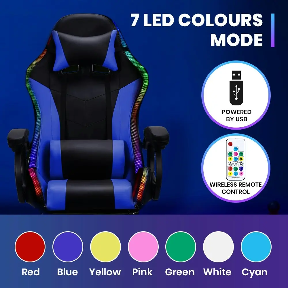 Furb Gaming Chair Computer LED Massage Seat Footrest Support Blue Office Chair