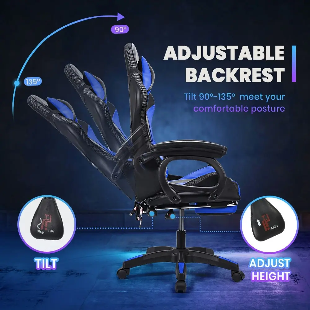 Furb Gaming Chair Computer LED Massage Seat Footrest Support Blue Office Chair