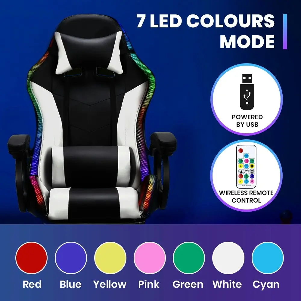 Furb Gaming Chair Computer LED Massage Seat Footrest Support White Office Chair