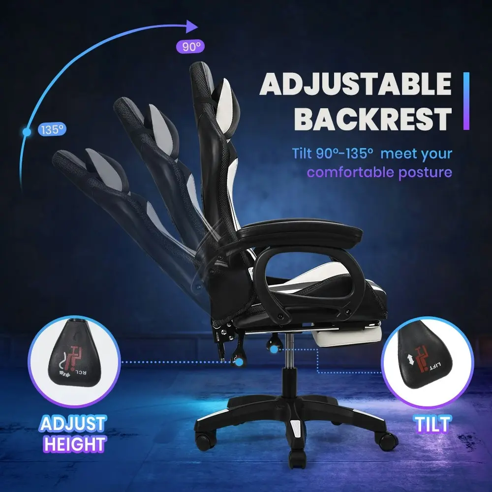 Furb Gaming Chair Computer LED Massage Seat Footrest Support White Office Chair