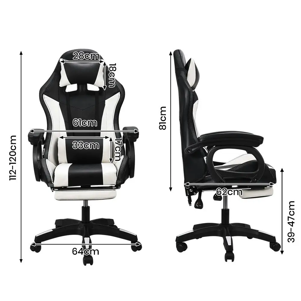 Furb Gaming Chair Computer LED Massage Seat Footrest Support White Office Chair