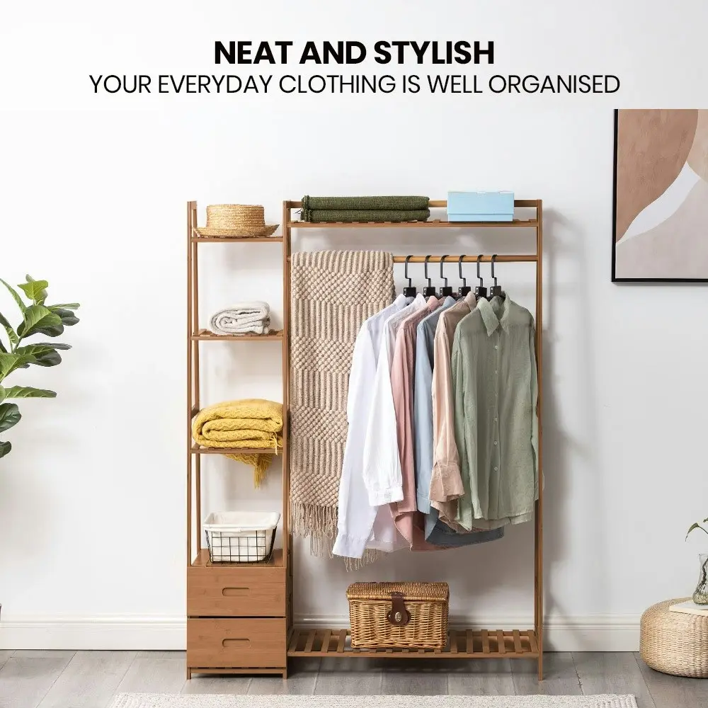 Furb Bamboo Open Wardrobe Clothes Rack Garment Coat Hanger Stand Closet Organiser With Drawer Shelf