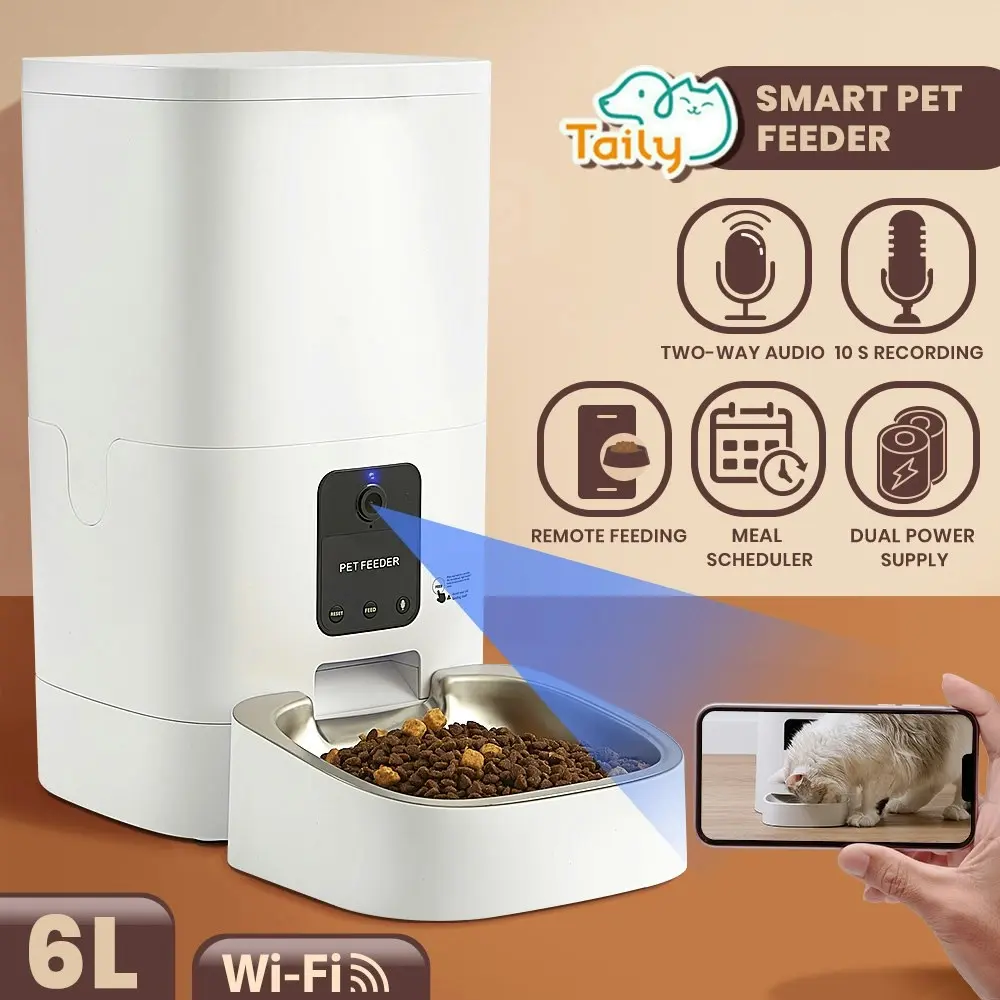 Taily 6L Auto Cat Feeder Automatic HD Camera Pet Dog Food Dispenser Smart Wifi W/ App Remote Control