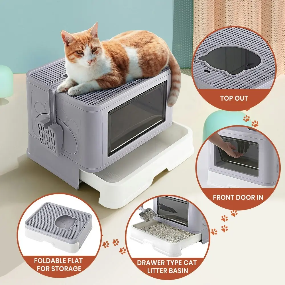 Taily Foldable Cat Litter Box Enclosed Kitty Toilet Hooded Tray Set With Litter Scoop Large Grey