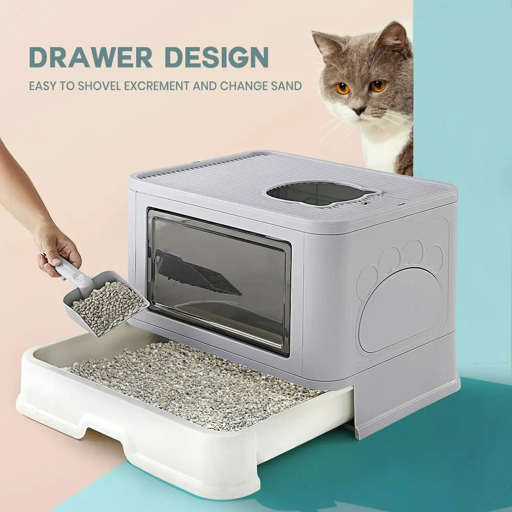 Taily Foldable Cat Litter Box Enclosed Kitty Toilet Hooded Tray Set With Litter Scoop Large Grey