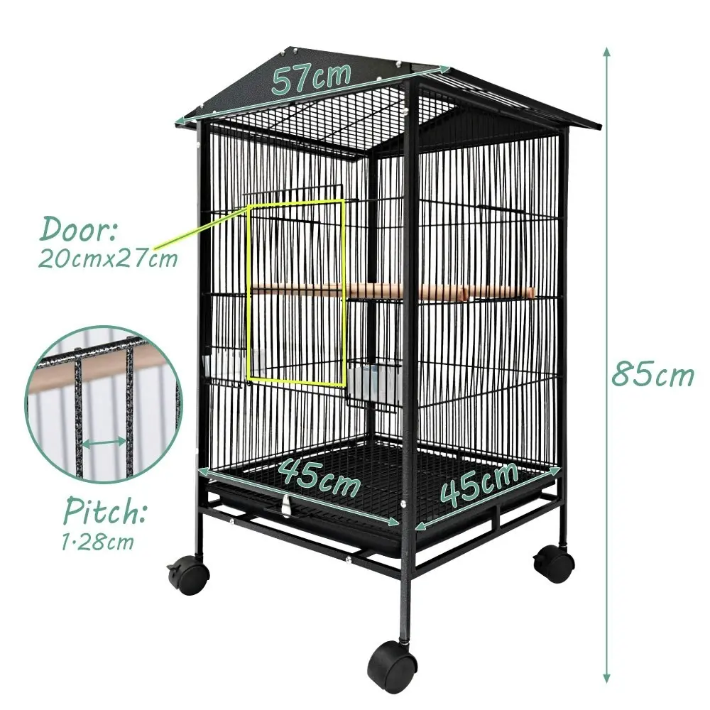 Taily 85CM Bird Cage Stand-Alone Aviary Budgie Perch Castor Wheel Large Cages w Removable Tray Black