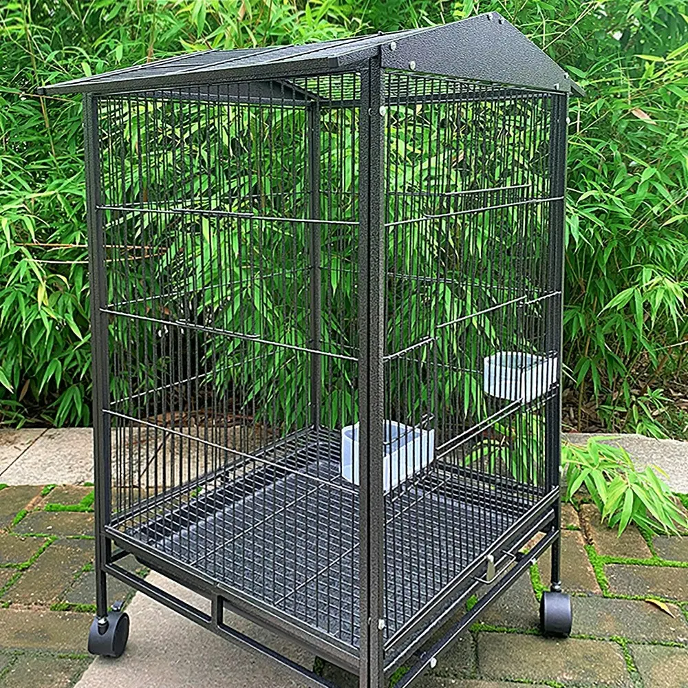 Taily 85CM Bird Cage Stand-Alone Aviary Budgie Perch Castor Wheel Large Cages w Removable Tray Black