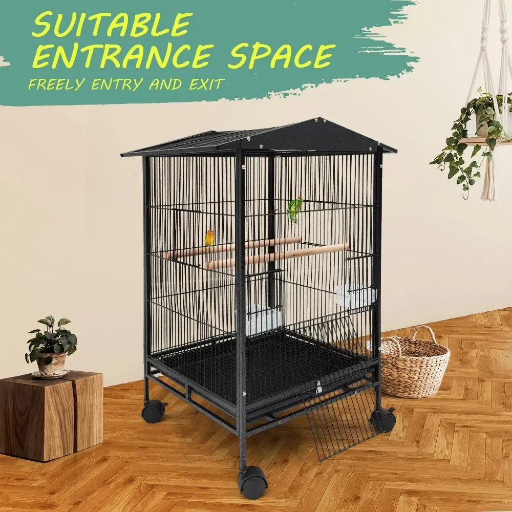 Taily 85CM Bird Cage Stand-Alone Aviary Budgie Perch Castor Wheel Large Cages w Removable Tray Black