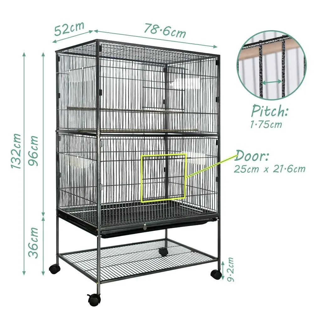 Taily Bird Cage Large Cages Stand-Alone Aviary Budgie Perch Castor Wheels Removable Tray Black 132cm