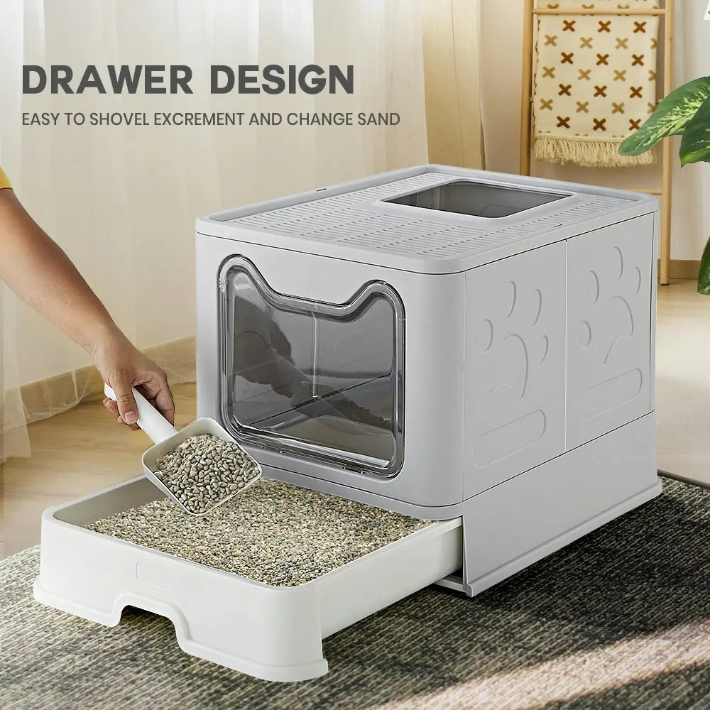 Taily Foldable Cat Litter Box Enclosed Kitty Toilet Hooded Tray Kit With Litter Scoop Large Grey