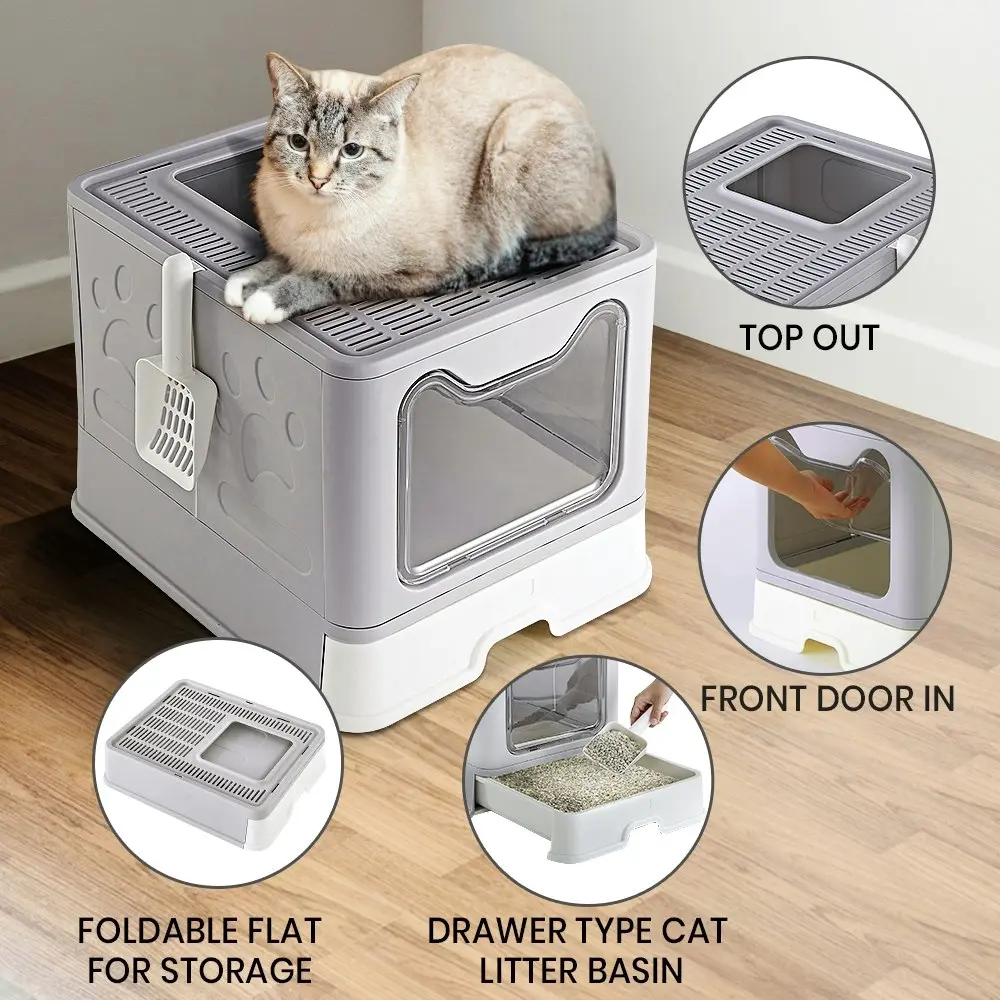 Taily Foldable Cat Litter Box Enclosed Kitty Toilet Hooded Tray Kit With Litter Scoop Large Grey