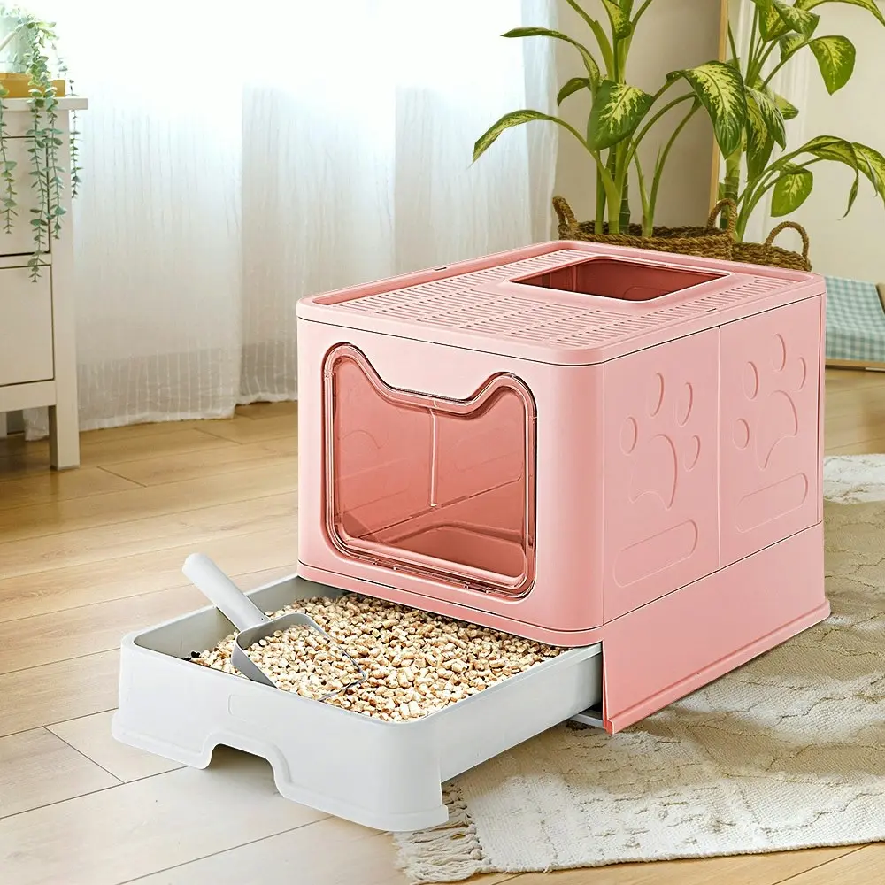 Taily Foldable Cat Litter Box Enclosed Kitty Toilet Hooded Tray Kit With Litter Scoop Large Pink